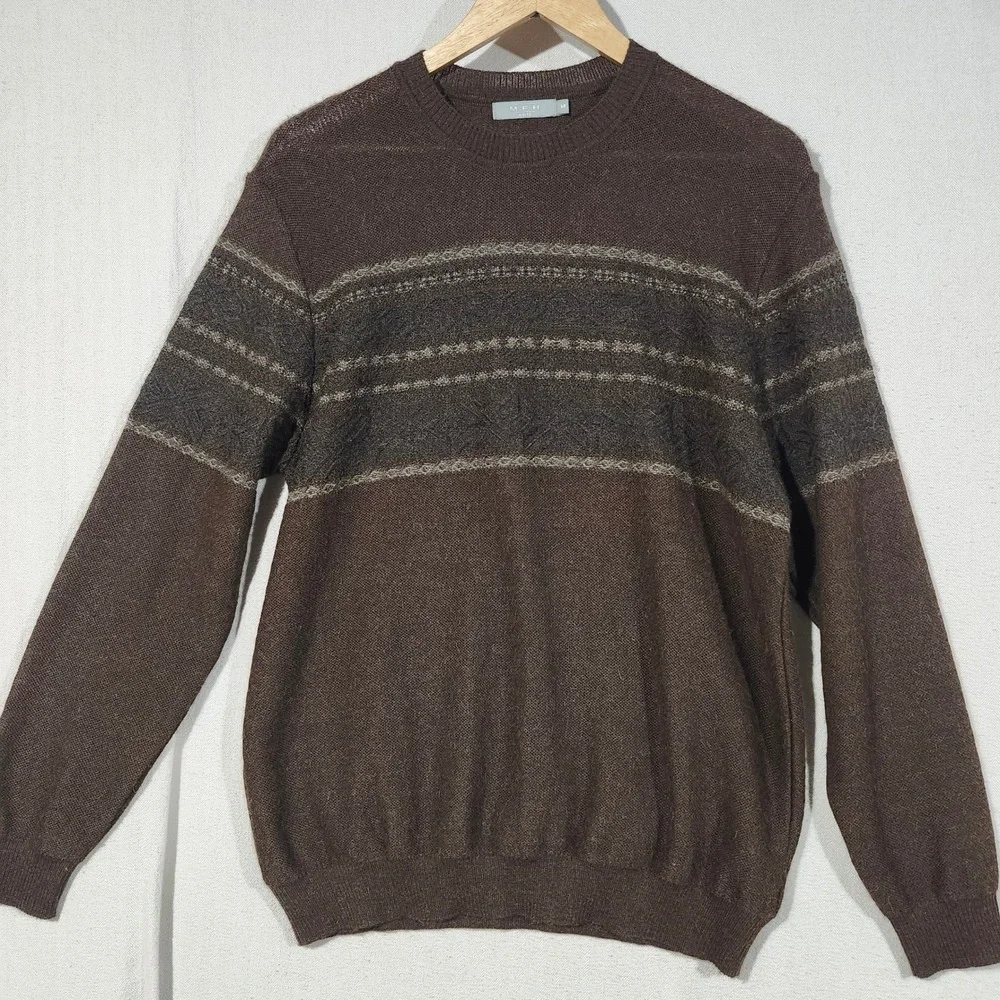 MFH Knits Mens Brown Baby Alpaca Silk Geometric Crewneck Sweater Peru Medium